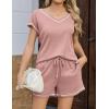 imageEkouaer Womens Waffle Knit Short Sets Short Sleeve Lounge Set V Neck Top and Shorts Pajamas Casual Outfits with PocketsLight Pink