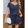 imageEkouaer Womens Waffle Knit Short Sets Short Sleeve Lounge Set V Neck Top and Shorts Pajamas Casual Outfits with PocketsNavy Blue
