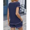 imageEkouaer Womens Waffle Knit Short Sets Short Sleeve Lounge Set V Neck Top and Shorts Pajamas Casual Outfits with PocketsNavy Blue