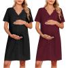 imageEkouaer 2 Pack Maternity Nightgown Button Down Nursing Gown 3 in 1 Breastfeeding Sleepwear V Neck Short Sleeve Delivery DressBlackDark Red