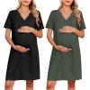 imageEkouaer 2 Pack Maternity Nightgown Button Down Nursing Gown 3 in 1 Breastfeeding Sleepwear V Neck Short Sleeve Delivery DressBlackDeep Army Green
