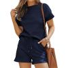 imageEkouaer Lounge Sets for Women Textured 2 Piece Shorts Set Cozy Summer Outfits Casual Loungewear Short Sleeve SweatsuitsDark Blue