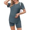 imageEkouaer Maternity Sets 2 Piece Outfits Ribbed Knit Short Sleeve Shirts and Biker Shorts Pregnancy Loungewear Mama ClothesGrey Blue