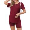 imageEkouaer Maternity Sets 2 Piece Outfits Ribbed Knit Short Sleeve Shirts and Biker Shorts Pregnancy Loungewear Mama ClothesWine Red