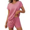 imageEkouaer Women 2 Piece Pajamas Set Short Sleeve Comfy Lounge Set Round Neck Tops and Shorts Pjs with PocketsGray Purple
