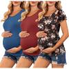 imageEkouaer Womens Maternity Shirts 3 Packs Flying Short Sleeve Pregnancy Tops Side Ruched Tunic Blouse Mama Clothes SXXLWine Red  Floral Black  Dark Blue3pcs