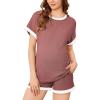 imageEkouaer Womens Waffle Knit Maternity Pajamas 2 Piece Outfits Short Sleeve Tops and Shorts Loungewear Set Pregnancy ClothesBurgundy