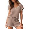 imageEkouaer Womens Waffle Knit Short Sets Short Sleeve Lounge Set V Neck Top and Shorts Pajamas Casual Outfits with PocketsKhaki