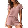 imageEkouaer Womens Waffle Knit Short Sets Short Sleeve Lounge Set V Neck Top and Shorts Pajamas Casual Outfits with PocketsLight Pink