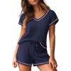 imageEkouaer Womens Waffle Knit Short Sets Short Sleeve Lounge Set V Neck Top and Shorts Pajamas Casual Outfits with PocketsNavy Blue