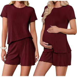 imageEkoauer Women 2 Piece Maternity Pajamas Set Lightweight Pregnancy Outfit Ribbed Knit Postpartum Loungewear Set with PocketDark Red