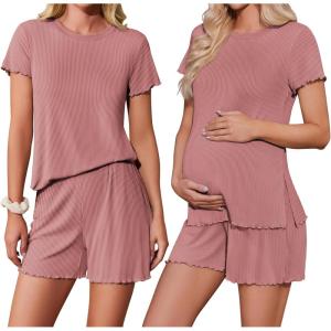 imageEkoauer Women 2 Piece Maternity Pajamas Set Lightweight Pregnancy Outfit Ribbed Knit Postpartum Loungewear Set with PocketDirty Pink