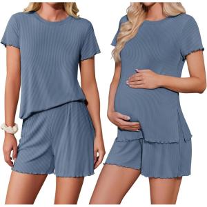 imageEkoauer Women 2 Piece Maternity Pajamas Set Lightweight Pregnancy Outfit Ribbed Knit Postpartum Loungewear Set with PocketGray Blue