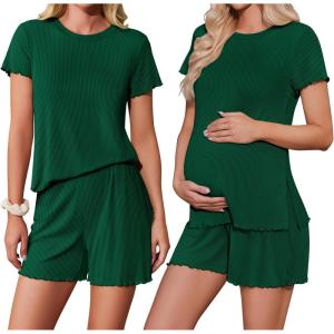 imageEkoauer Women 2 Piece Maternity Pajamas Set Lightweight Pregnancy Outfit Ribbed Knit Postpartum Loungewear Set with PocketLake Green