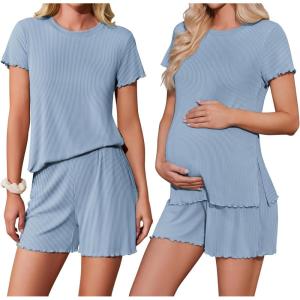 imageEkoauer Women 2 Piece Maternity Pajamas Set Lightweight Pregnancy Outfit Ribbed Knit Postpartum Loungewear Set with PocketLight Blue