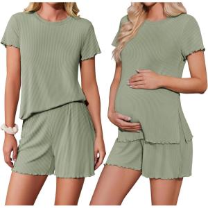 imageEkoauer Women 2 Piece Maternity Pajamas Set Lightweight Pregnancy Outfit Ribbed Knit Postpartum Loungewear Set with PocketLight Green