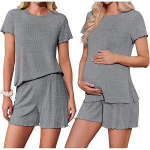 imageEkoauer Women 2 Piece Maternity Pajamas Set Lightweight Pregnancy Outfit Ribbed Knit Postpartum Loungewear Set with PocketLight Grey