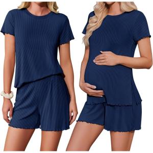 imageEkoauer Women 2 Piece Maternity Pajamas Set Lightweight Pregnancy Outfit Ribbed Knit Postpartum Loungewear Set with PocketNavy Blue