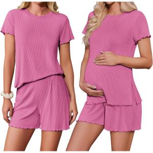 imageEkoauer Women 2 Piece Maternity Pajamas Set Lightweight Pregnancy Outfit Ribbed Knit Postpartum Loungewear Set with PocketRose Red