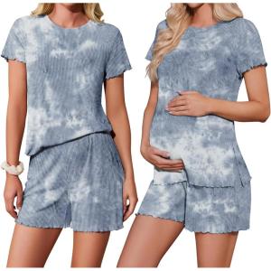imageEkoauer Women 2 Piece Maternity Pajamas Set Lightweight Pregnancy Outfit Ribbed Knit Postpartum Loungewear Set with PocketTiedye Gray