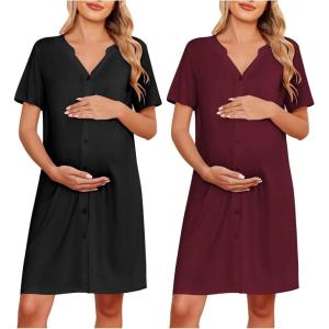 imageEkouaer 2 Pack Maternity Nightgown Button Down Nursing Gown 3 in 1 Breastfeeding Sleepwear V Neck Short Sleeve Delivery DressBlackDark Red