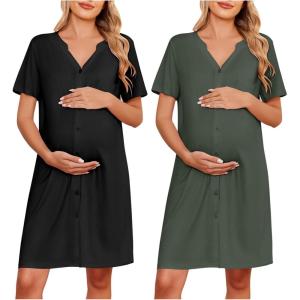 imageEkouaer 2 Pack Maternity Nightgown Button Down Nursing Gown 3 in 1 Breastfeeding Sleepwear V Neck Short Sleeve Delivery DressBlackDeep Army Green
