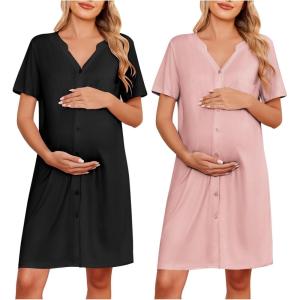 imageEkouaer 2 Pack Maternity Nightgown Button Down Nursing Gown 3 in 1 Breastfeeding Sleepwear V Neck Short Sleeve Delivery DressBlackDirty Pink