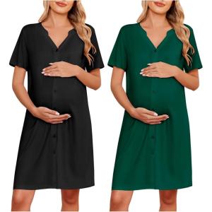 imageEkouaer 2 Pack Maternity Nightgown Button Down Nursing Gown 3 in 1 Breastfeeding Sleepwear V Neck Short Sleeve Delivery DressBlackLake Green