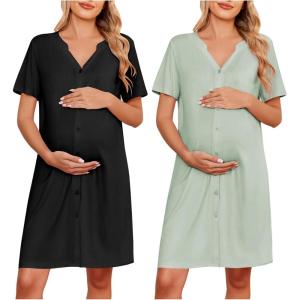 imageEkouaer 2 Pack Maternity Nightgown Button Down Nursing Gown 3 in 1 Breastfeeding Sleepwear V Neck Short Sleeve Delivery DressBlackLight Green
