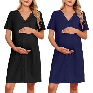 imageEkouaer 2 Pack Maternity Nightgown Button Down Nursing Gown 3 in 1 Breastfeeding Sleepwear V Neck Short Sleeve Delivery DressBlackNavy Blue