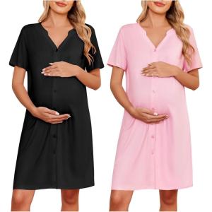 imageEkouaer 2 Pack Maternity Nightgown Button Down Nursing Gown 3 in 1 Breastfeeding Sleepwear V Neck Short Sleeve Delivery DressBlackPink