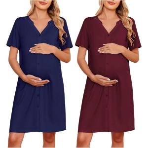 imageEkouaer 2 Pack Maternity Nightgown Button Down Nursing Gown 3 in 1 Breastfeeding Sleepwear V Neck Short Sleeve Delivery DressNavy BlueDark Red