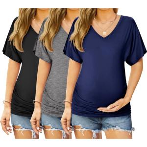 imageEkouaer 3 Pack Maternity Shirts V Neck Dolman Sleeve Side Ruched Pregnancy Tops Tunic BlouseBlackBlueGrey