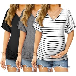 imageEkouaer 3 Pack Maternity Shirts V Neck Dolman Sleeve Side Ruched Pregnancy Tops Tunic BlouseBlackGreyStripe