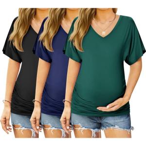 imageEkouaer 3 Pack Maternity Shirts V Neck Dolman Sleeve Side Ruched Pregnancy Tops Tunic BlouseBlueStripeBlack