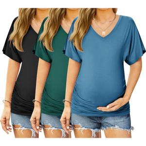 imageEkouaer 3 Pack Maternity Shirts V Neck Dolman Sleeve Side Ruched Pregnancy Tops Tunic BlouseGreenTealBlack