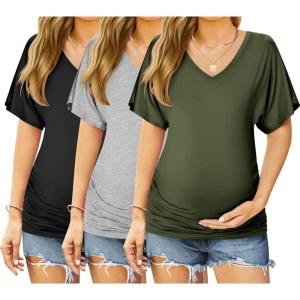 imageEkouaer 3 Pack Maternity Shirts V Neck Dolman Sleeve Side Ruched Pregnancy Tops Tunic BlouseGreyBlackArmy Green