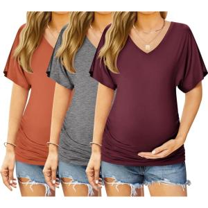 imageEkouaer 3 Pack Maternity Shirts V Neck Dolman Sleeve Side Ruched Pregnancy Tops Tunic BlouseGreyBurgundyBrick Red