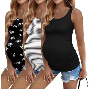 imageEkouaer 3 Pack Women Maternity Tank Tops Ruch Side Basic Shirts Summer Postpartum Tops Sleeveless Pregnancy Workout ClothesBlackBlack  White StripesBlack Floral