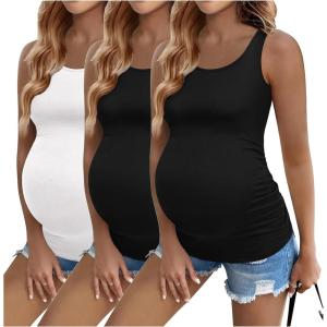 imageEkouaer 3 Pack Women Maternity Tank Tops Ruch Side Basic Shirts Summer Postpartum Tops Sleeveless Pregnancy Workout ClothesBlackBlackWhite