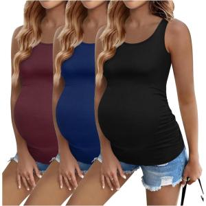 imageEkouaer 3 Pack Women Maternity Tank Tops Ruch Side Basic Shirts Summer Postpartum Tops Sleeveless Pregnancy Workout ClothesBlackBlueRed