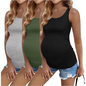 imageEkouaer 3 Pack Women Maternity Tank Tops Ruch Side Basic Shirts Summer Postpartum Tops Sleeveless Pregnancy Workout ClothesBlackLight GreyArmy Green