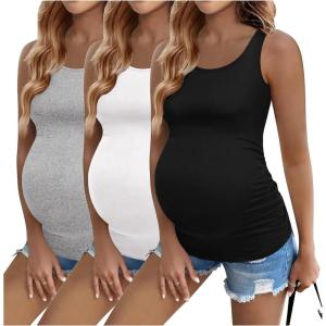 imageEkouaer 3 Pack Women Maternity Tank Tops Ruch Side Basic Shirts Summer Postpartum Tops Sleeveless Pregnancy Workout ClothesBlackLight GreyWhite