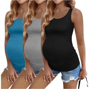 imageEkouaer 3 Pack Women Maternity Tank Tops Ruch Side Basic Shirts Summer Postpartum Tops Sleeveless Pregnancy Workout ClothesBlackMedium GrayBlue Green