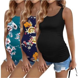 imageEkouaer 3 Pack Women Maternity Tank Tops Ruch Side Basic Shirts Summer Postpartum Tops Sleeveless Pregnancy Workout ClothesBlackNavy Blue FloralBlue Green Floral