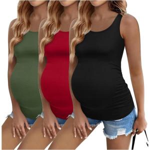 imageEkouaer 3 Pack Women Maternity Tank Tops Ruch Side Basic Shirts Summer Postpartum Tops Sleeveless Pregnancy Workout ClothesBlackRedArmy Green