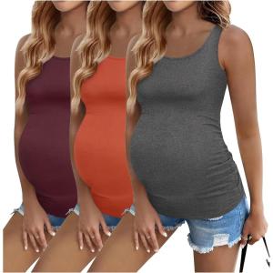 imageEkouaer 3 Pack Women Maternity Tank Tops Ruch Side Basic Shirts Summer Postpartum Tops Sleeveless Pregnancy Workout ClothesCaramelDark GreyRed