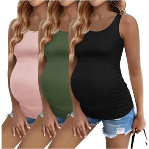 imageEkouaer 3 Pack Women Maternity Tank Tops Ruch Side Basic Shirts Summer Postpartum Tops Sleeveless Pregnancy Workout ClothesDirty PinkBlackArmy Green