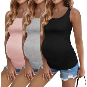 imageEkouaer 3 Pack Women Maternity Tank Tops Ruch Side Basic Shirts Summer Postpartum Tops Sleeveless Pregnancy Workout ClothesDirty PinkBlackLight Grey