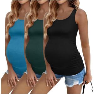 imageEkouaer 3 Pack Women Maternity Tank Tops Ruch Side Basic Shirts Summer Postpartum Tops Sleeveless Pregnancy Workout ClothesLake GreenBlackBlue Green